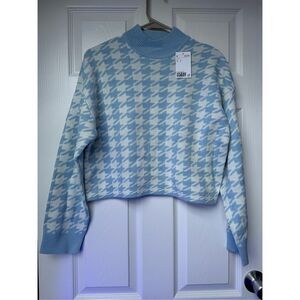 Divided Turtle Neck Houndstooth Cropped Sweater Small Women's Blue White NEW